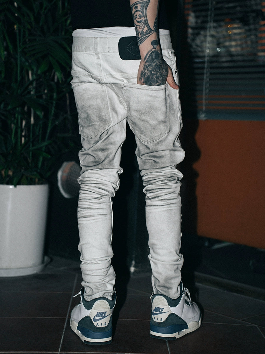 TGFCLUB Sprayed Whisker Washed Hem Zipper Slim Fit Jeans | Face 3 Face