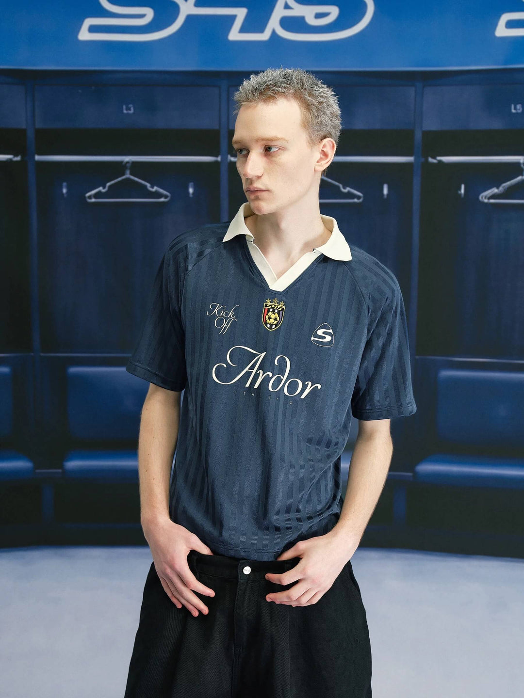 S45 Logo Patch Striped Short Sleeve Polo Soccer Jersey | Face 3 Face