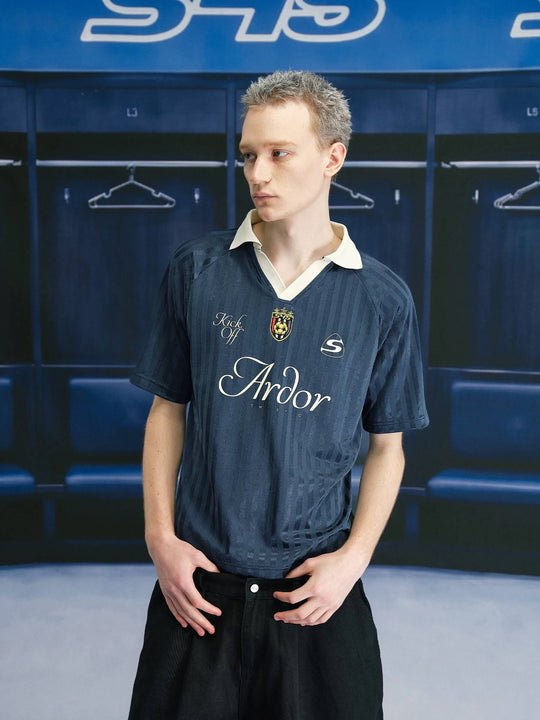 S45 Logo Patch Striped Short Sleeve Polo Soccer Jersey | Face 3 Face