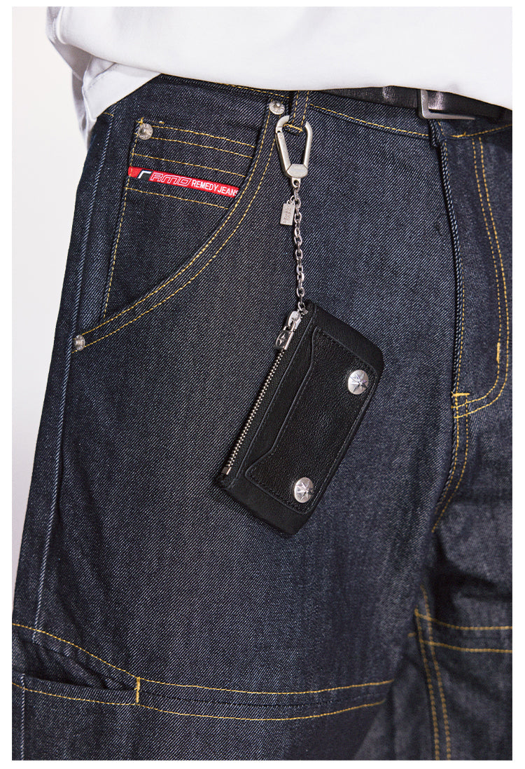 Remedy Metal Studded Keychain Coin Card Zipper Leather Wallet | Face 3 Face