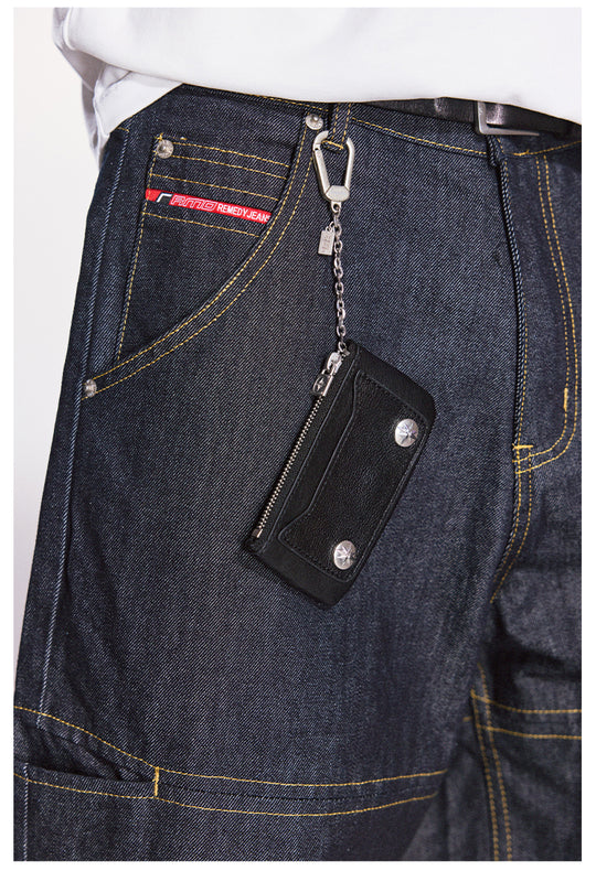 Remedy Metal Studded Keychain Coin Card Zipper Leather Wallet | Face 3 Face