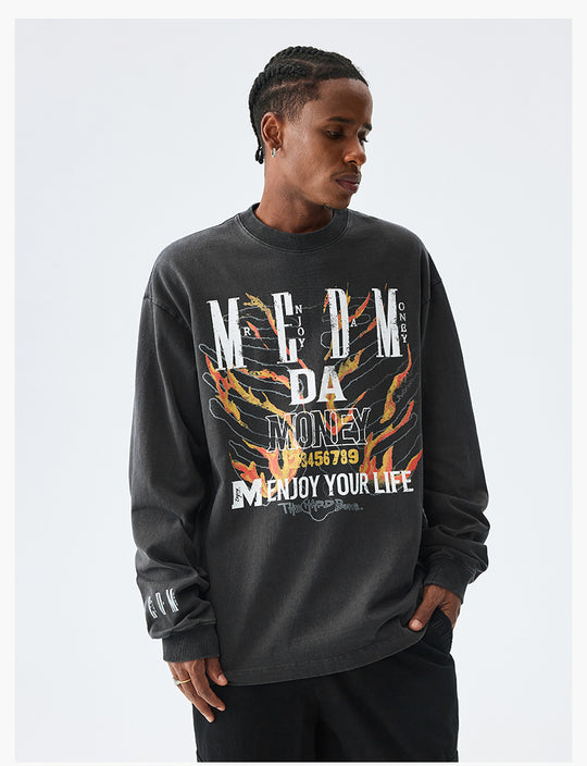 MEDM Flame Bones Graphic Washed Long Sleeve Tee | Face 3 Face