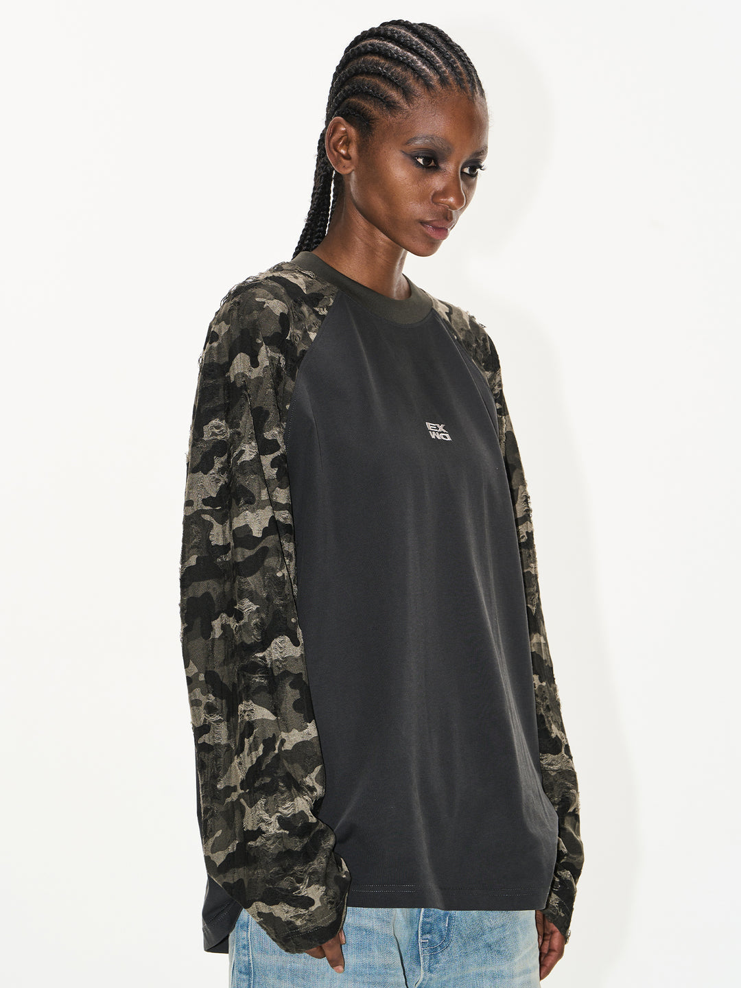 BLIND NO PLAN Camouflage Contrast Embroidered Raglan Long Sleeve Tee | Face 3 Face