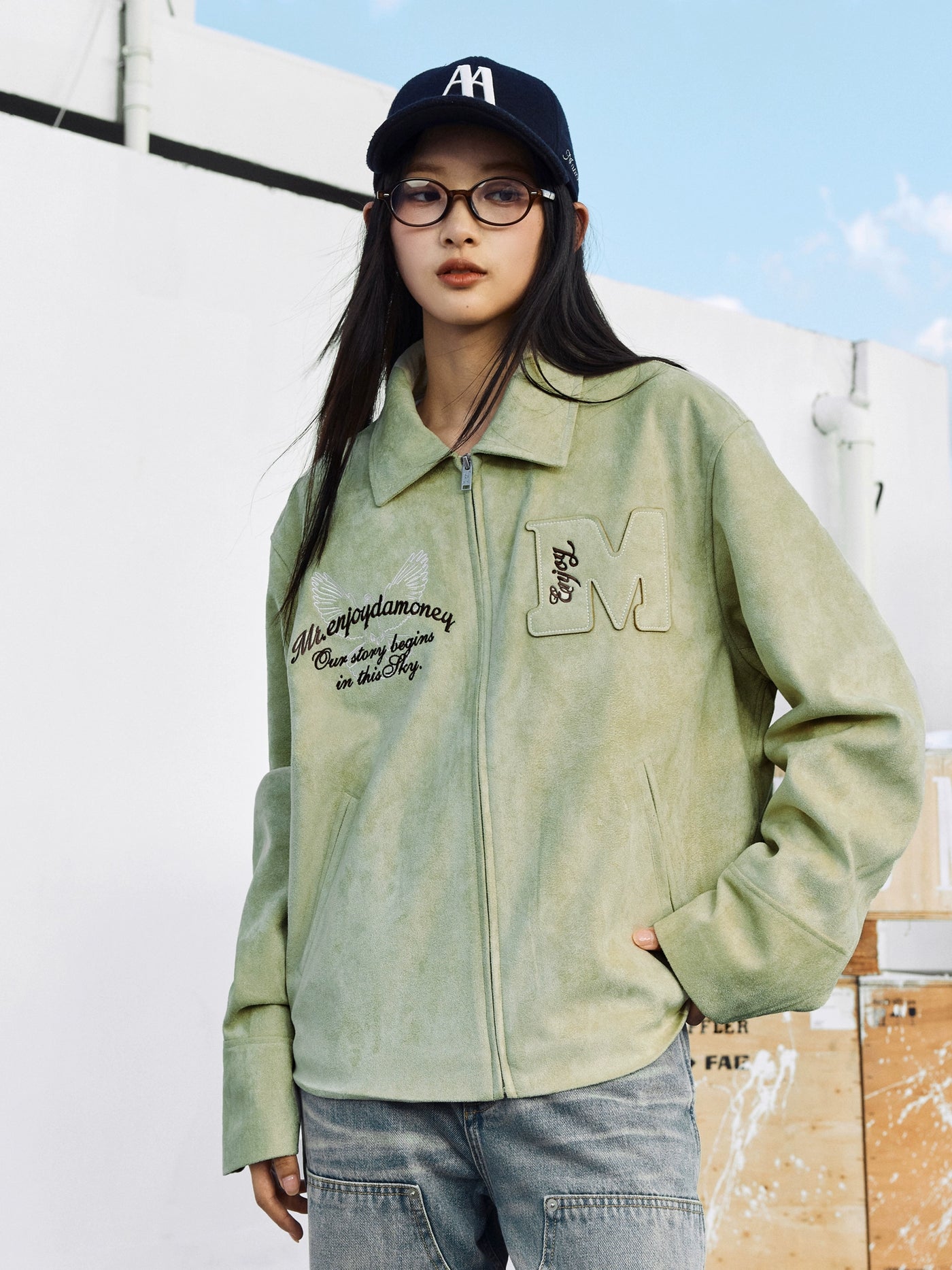 MEDM Patch Embroidered Dove Suede Jacket | Face 3 Face