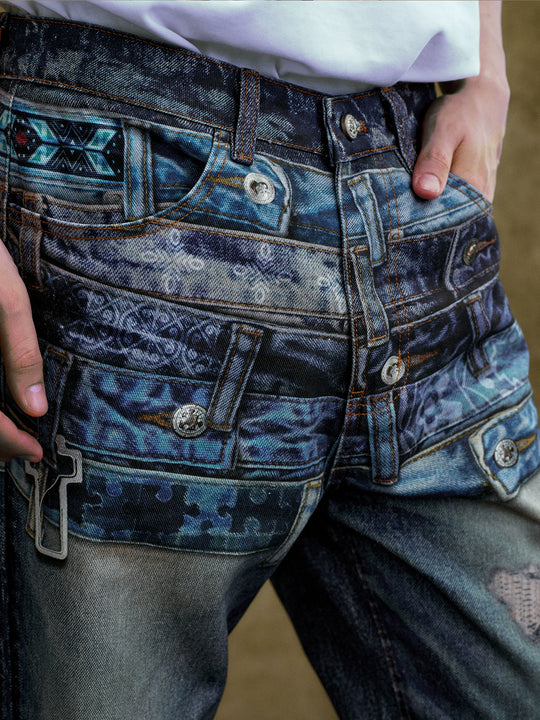 YADcrew Double Waistband Distressed Print Jeans | Face 3 Face