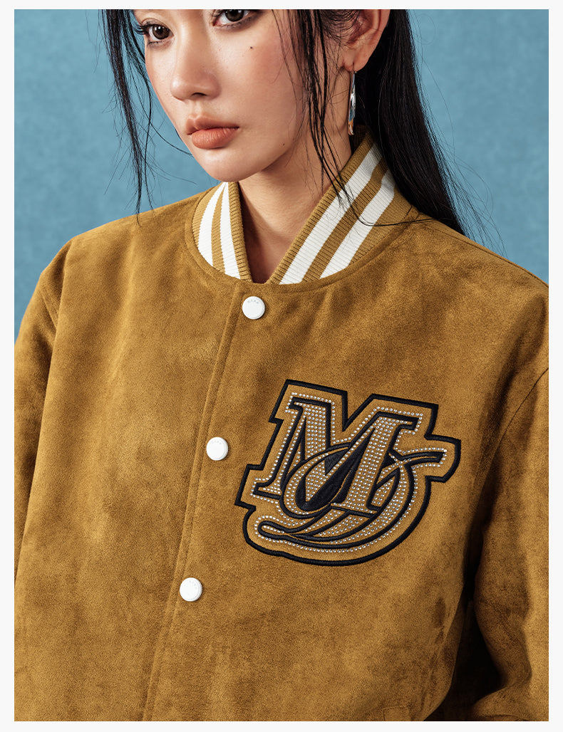 MEDM Rhinestone-Embellished Suede Varsity Jacket | Face 3 Face