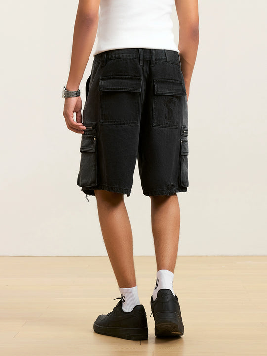 Small Town Kid Rivets Washed Denim Utility Cargo Shorts | Face 3 Face