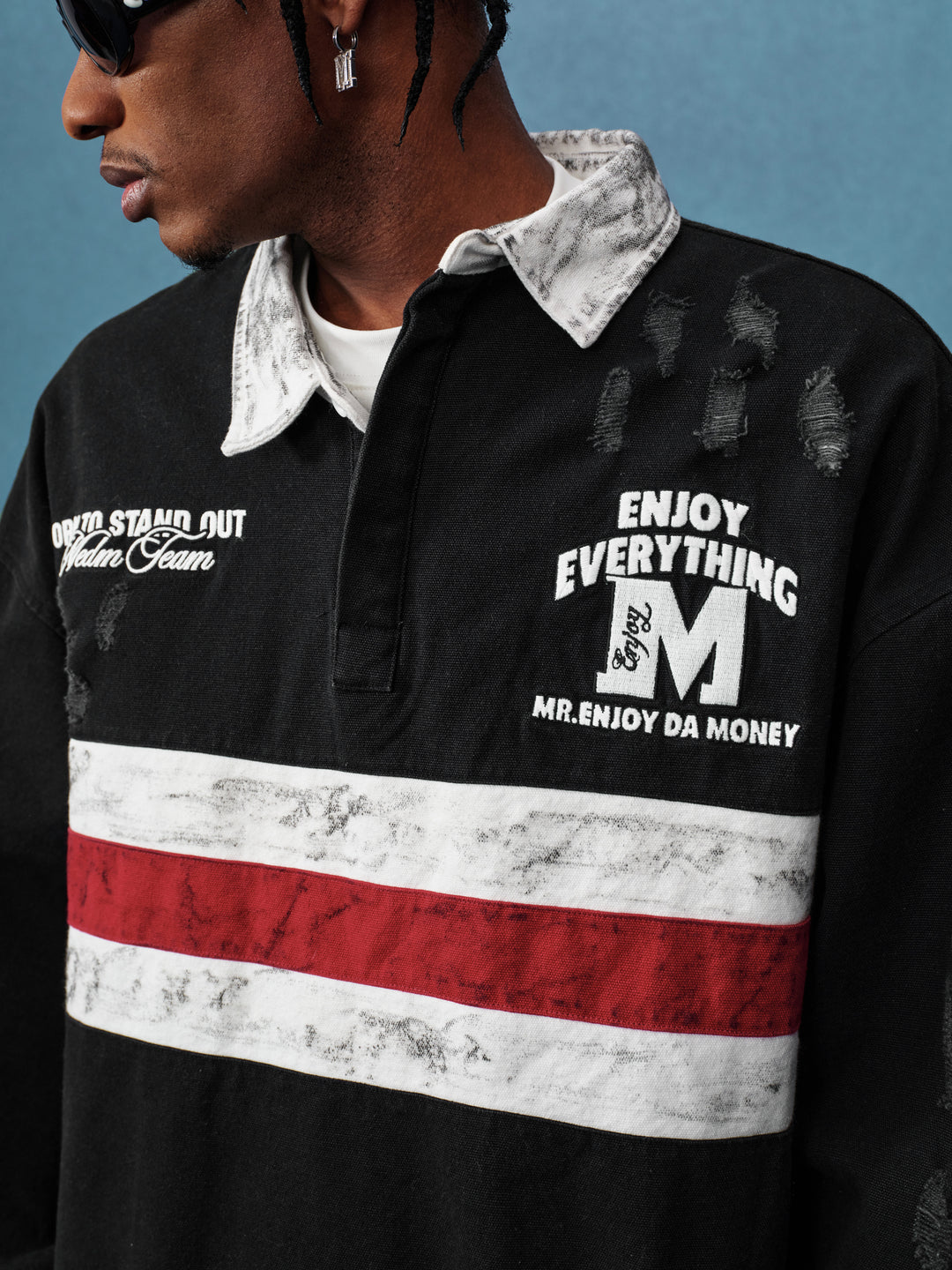 MEDM Asymmetric Collar Stripes Long Sleeve Polo | Face 3 Face