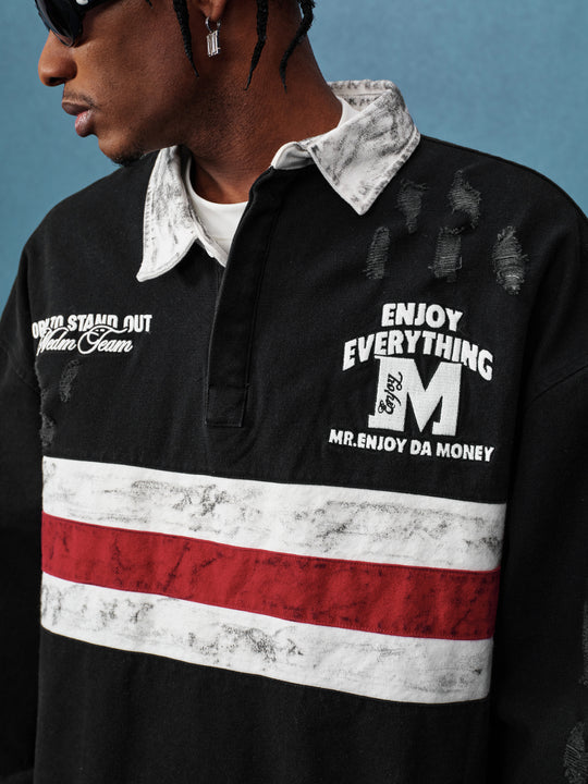 MEDM Asymmetric Collar Stripes Long Sleeve Polo | Face 3 Face