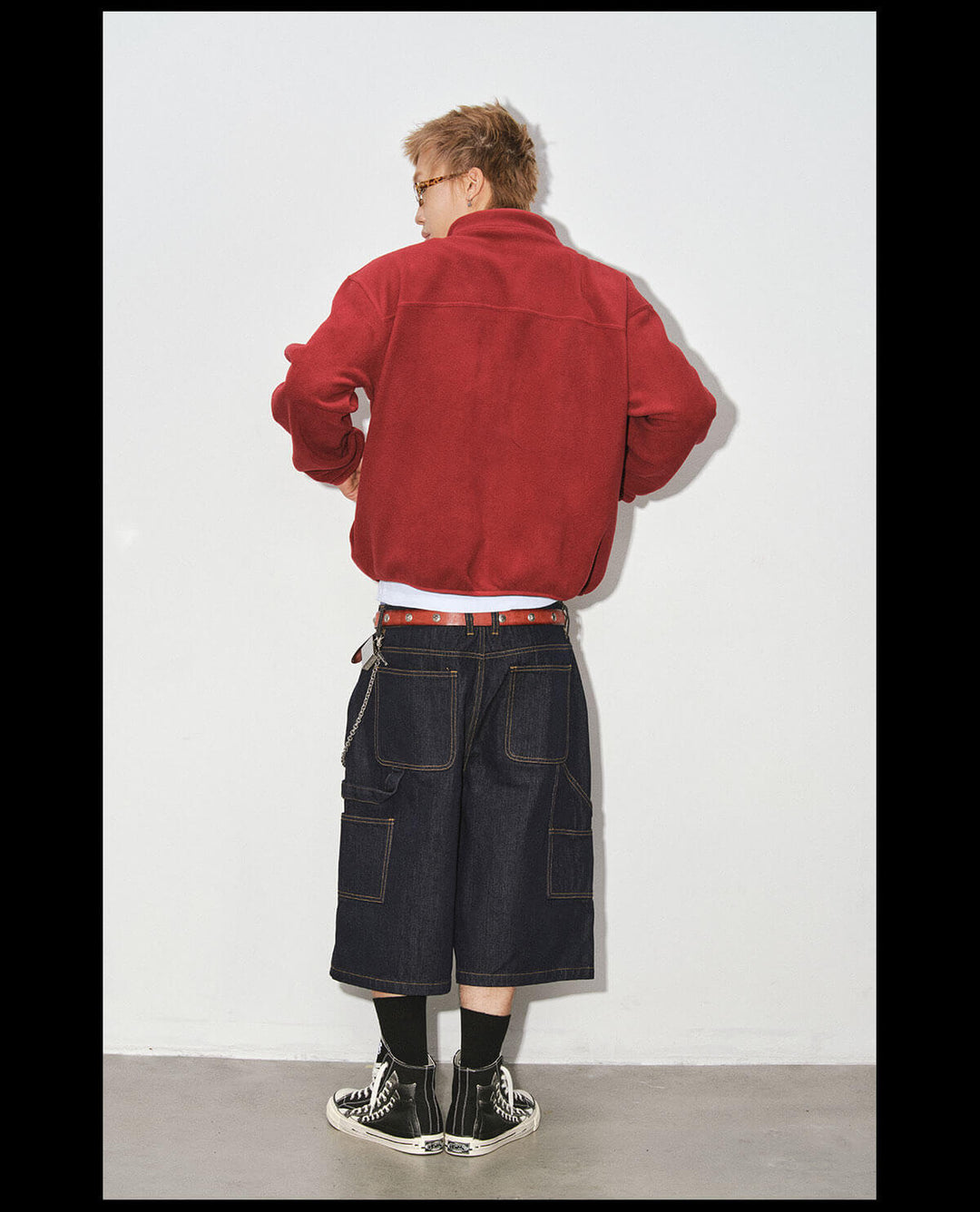 NOVACAM White Accent Line Double Knee Baggy Denim Shorts | Face 3 Face