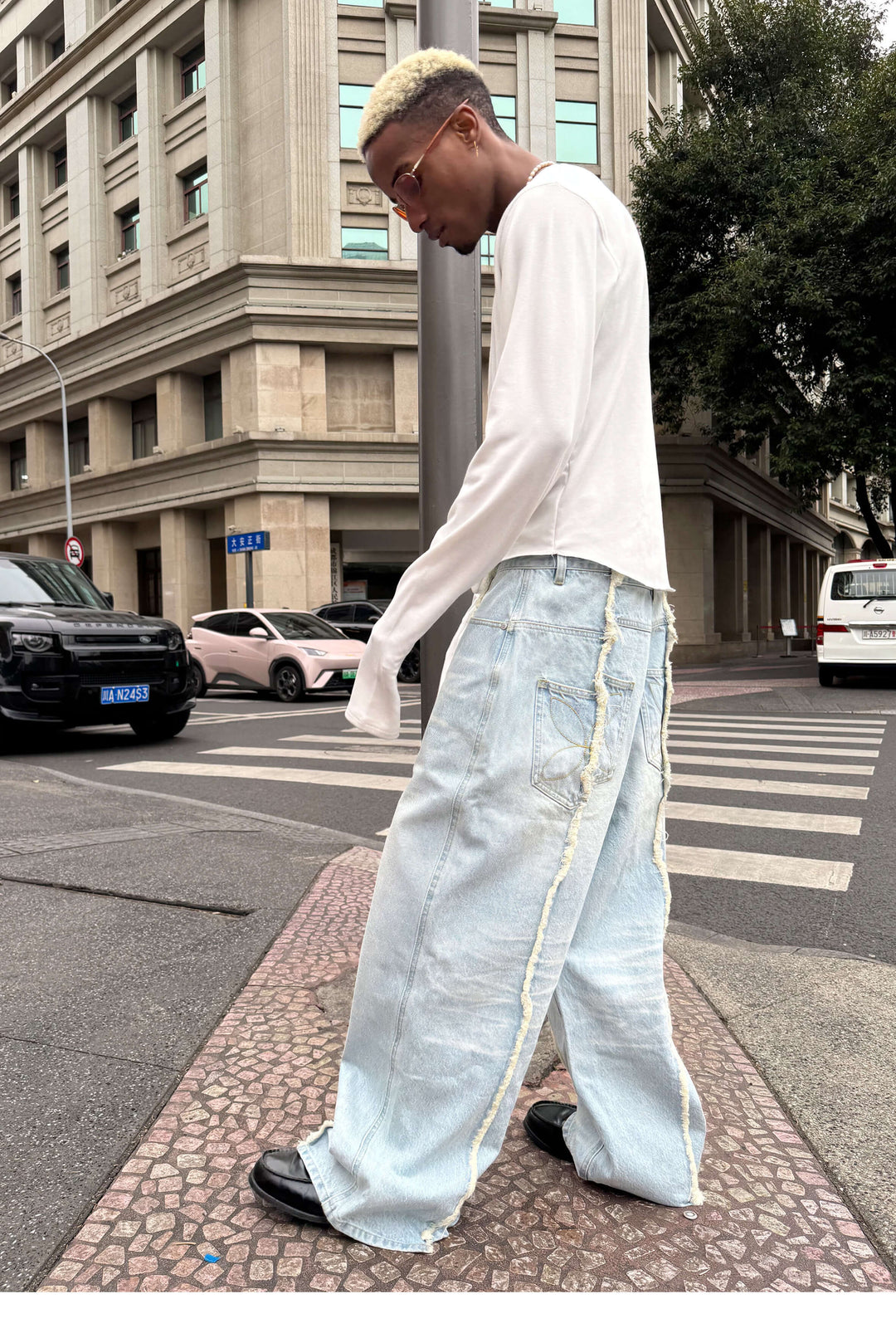 STEEPC Ice Blue Washed Frayed Center Seam Baggy Jeans | Face 3 Face
