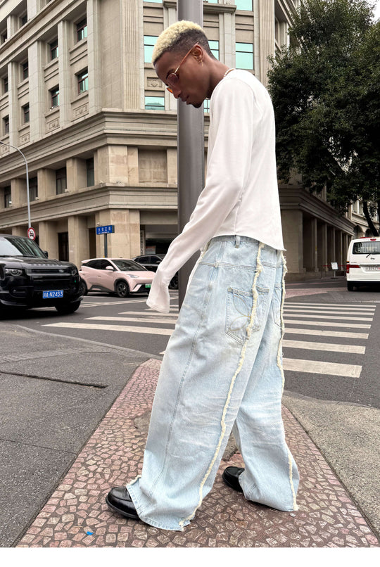 STEEPC Ice Blue Washed Frayed Center Seam Baggy Jeans | Face 3 Face