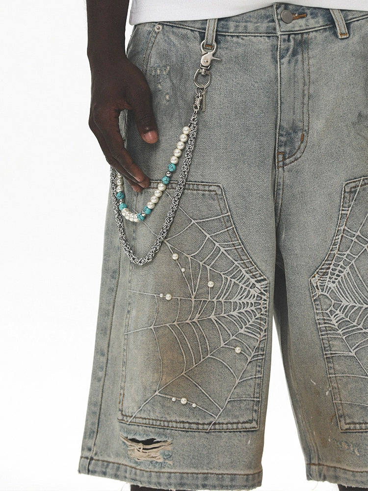 UNTILWERICH Spiderweb Embroidered Washed Distressed Denim Shorts | Face 3 Face