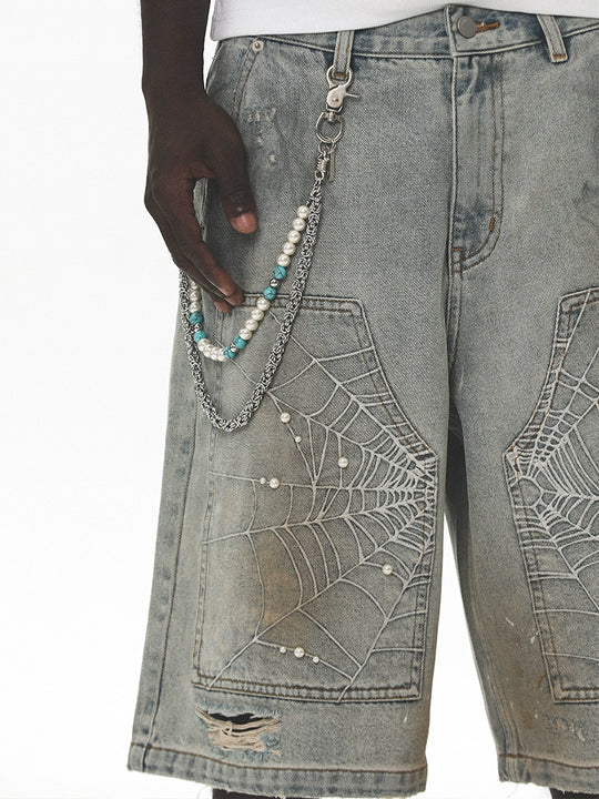 UNTILWERICH Spiderweb Embroidered Washed Distressed Denim Shorts | Face 3 Face