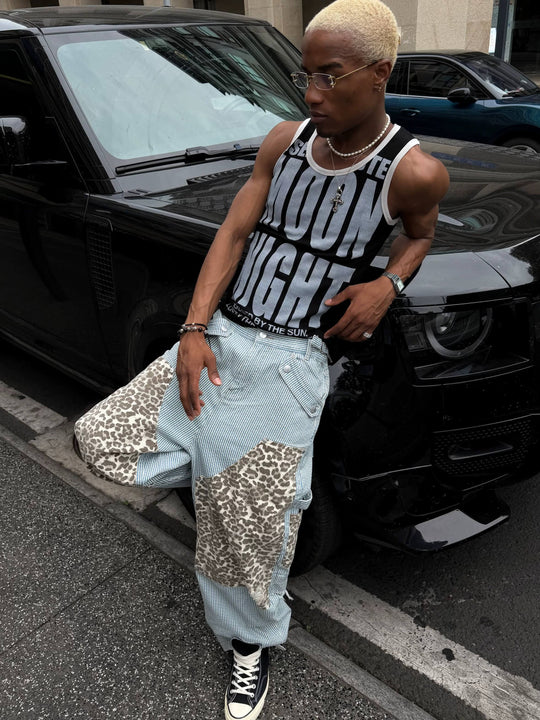 STEEPC Leopard Print Double Knee Hickory Stripe Baggy Pants | Face 3 Face