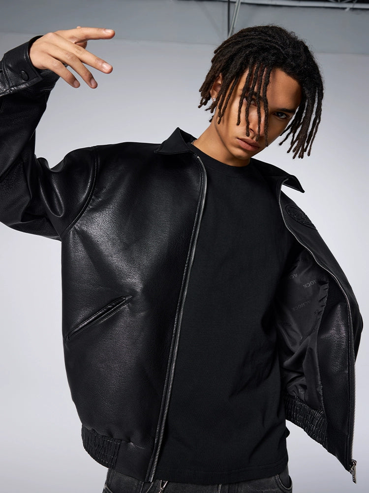 Achock Steel Embossed Logo Leather Jacket | Face 3 Face