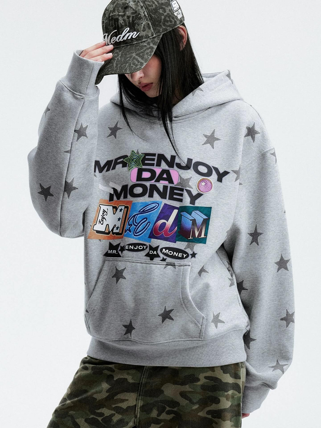 MEDM All Over Star and Graphic Logo Print Hoodie | Face 3 Face