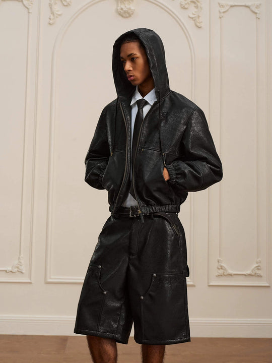 YADcrew Crackle Glitter PU Leather Hooded Jacket | Face 3 Face