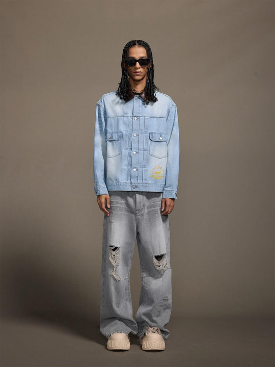 1807 Chain Stitch Embroidered Striped Washed Denim Jacket | Face 3 Face