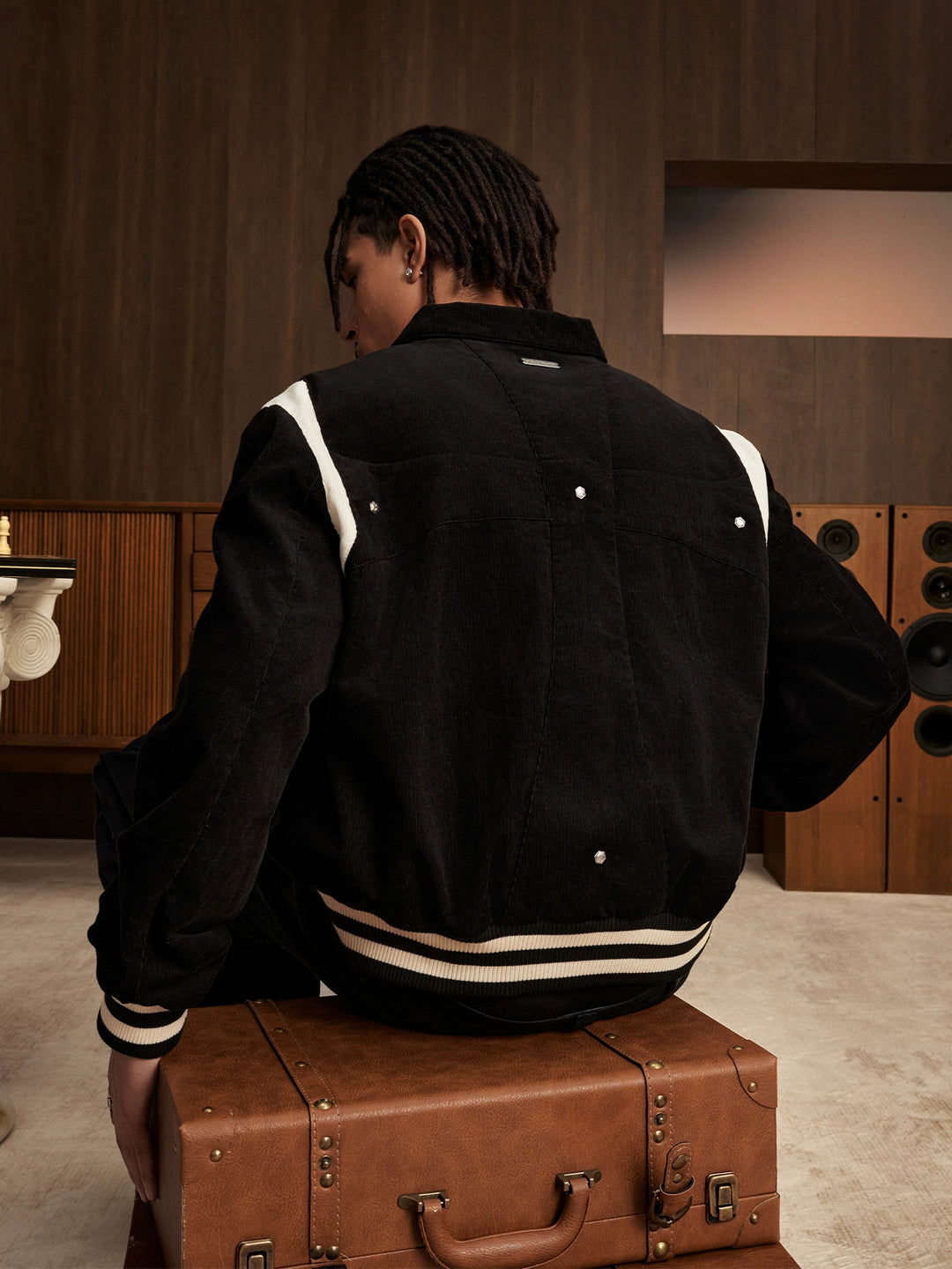 Small Town Kid Rivet Cross stitching Patch Corduroy Varsity Jacket | Face 3 Face