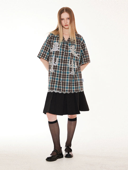 EMPTY REFERENCE Angel and Candlestick Sequin Plaid Short Sleeve Shirt | Face 3 Face