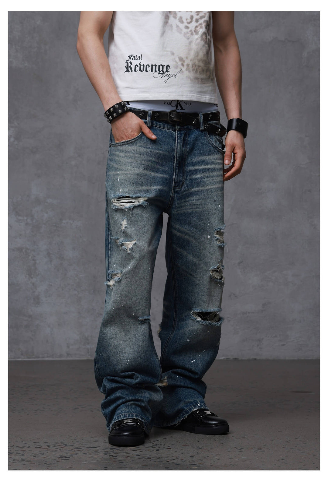 ANTIDOTE Back Embroidery Washed Distressed Jeans | Face 3 Face