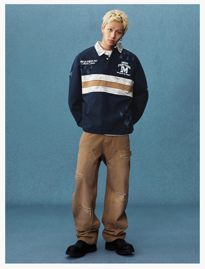 MEDM Asymmetric Collar Stripes Long Sleeve Polo | Face 3 Face