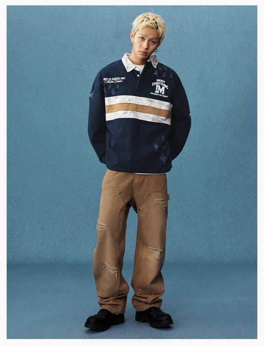 MEDM Asymmetric Collar Stripes Long Sleeve Polo | Face 3 Face