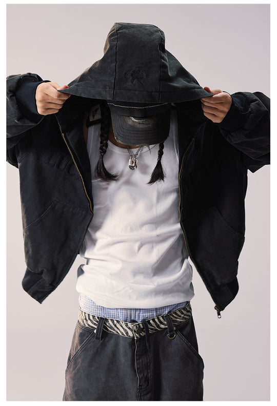 Remedy Embroidered Washed Hooded Bomber Jacket | Face 3 Face