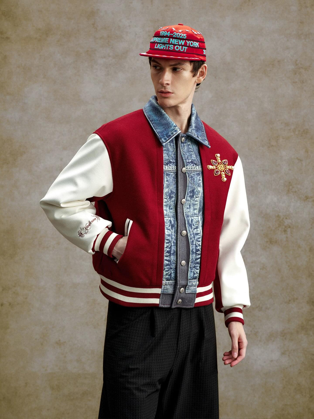 YADcrew Pearl Studded Digital Denim Varsity Jacket | Face 3 Face