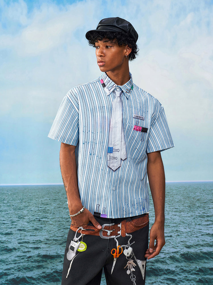 YADcrew Wavy Stripe Tie-Print Short Sleeve Shirt | Face 3 Face