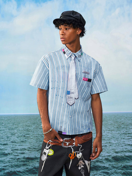YADcrew Wavy Stripe Tie-Print Short Sleeve Shirt | Face 3 Face