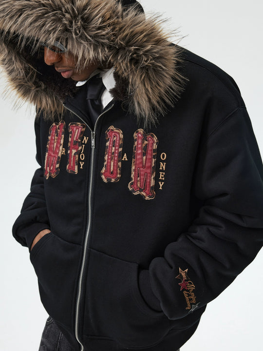 MEDM Faux Fur Lined Hooded Fur Zip Up Jacket | Face 3 Face