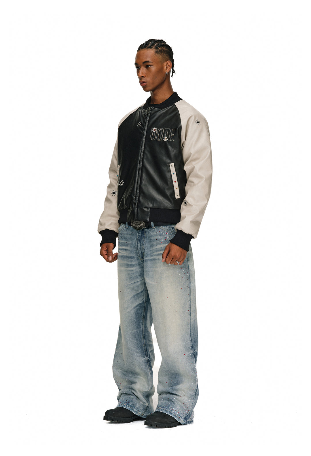 ANTIDOTE Bullseye Color Diamond Studded Leather Baseball Jacket | Face 3 Face