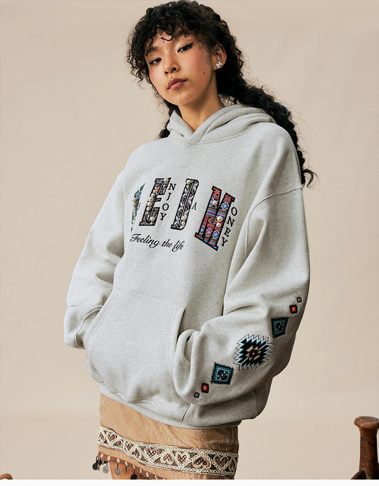 MEDM Ethnic Embroidered Patch Pearl Oversized Hoodie | Face 3 Face