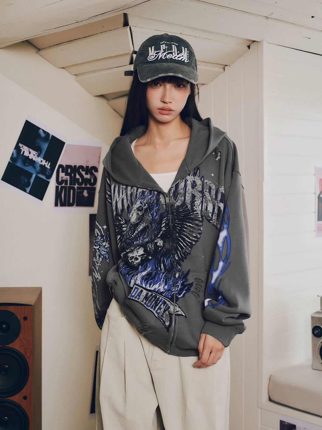 MEDM Skeleton Angel Graphic Print Distressed Zip Up Hoodie | Face 3 Face