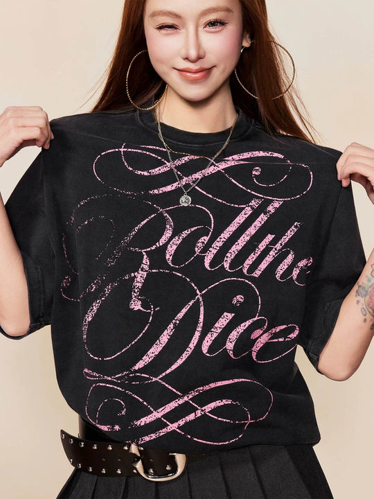 1807 Distressed Calligraphy Graphic Washed Short Sleeve Tee | Face 3 Face