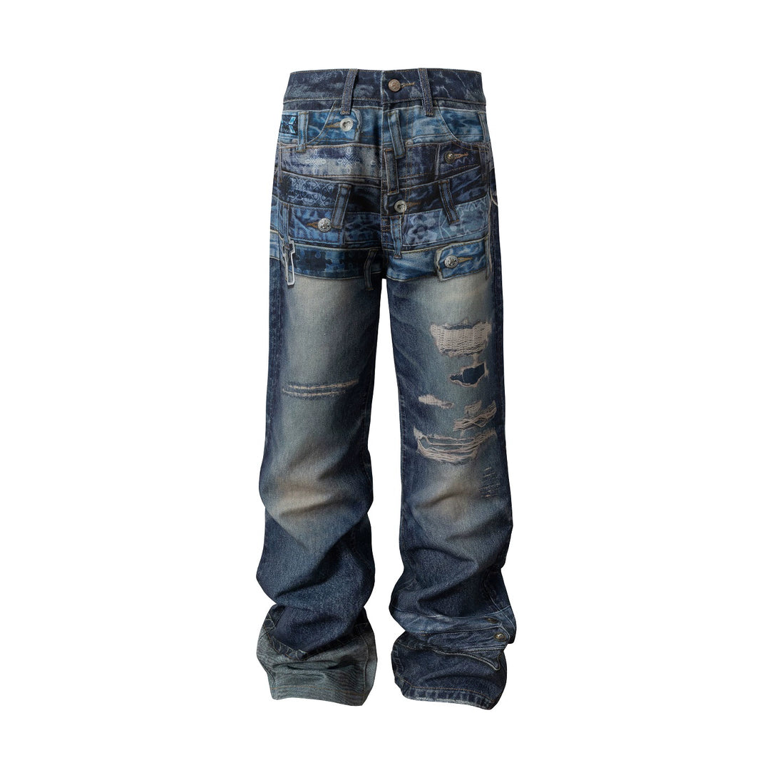 YADcrew Double Waistband Distressed Print Jeans | Face 3 Face