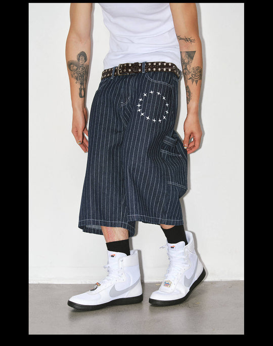 NOVACAM Circle Star Print Pinstripe Baggy Denim Shorts | Face 3 Face
