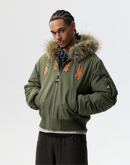 MEDM Animal Logo Patch Fur Hooded Bomber Jacket | Face 3 Face