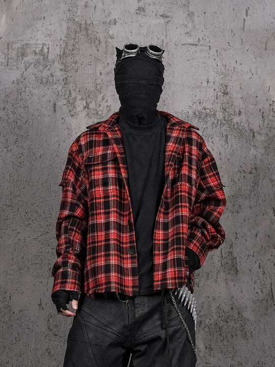 UNDERWATER Scarlet Plaid Deconstructed Destroyed Shirt Jacket | Face 3 Face