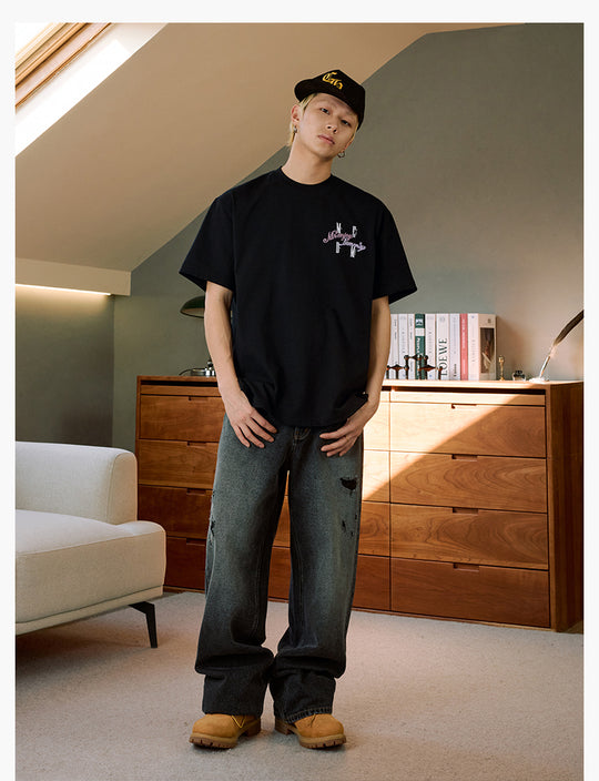 MEDM Fuzzy Embroidered Print Logo Tee | Face 3 Face