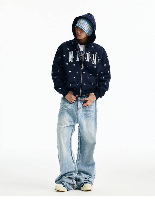 MEDM All Over Glitter Star Print Logo Patch Zip Up Hoodie | Face 3 Face