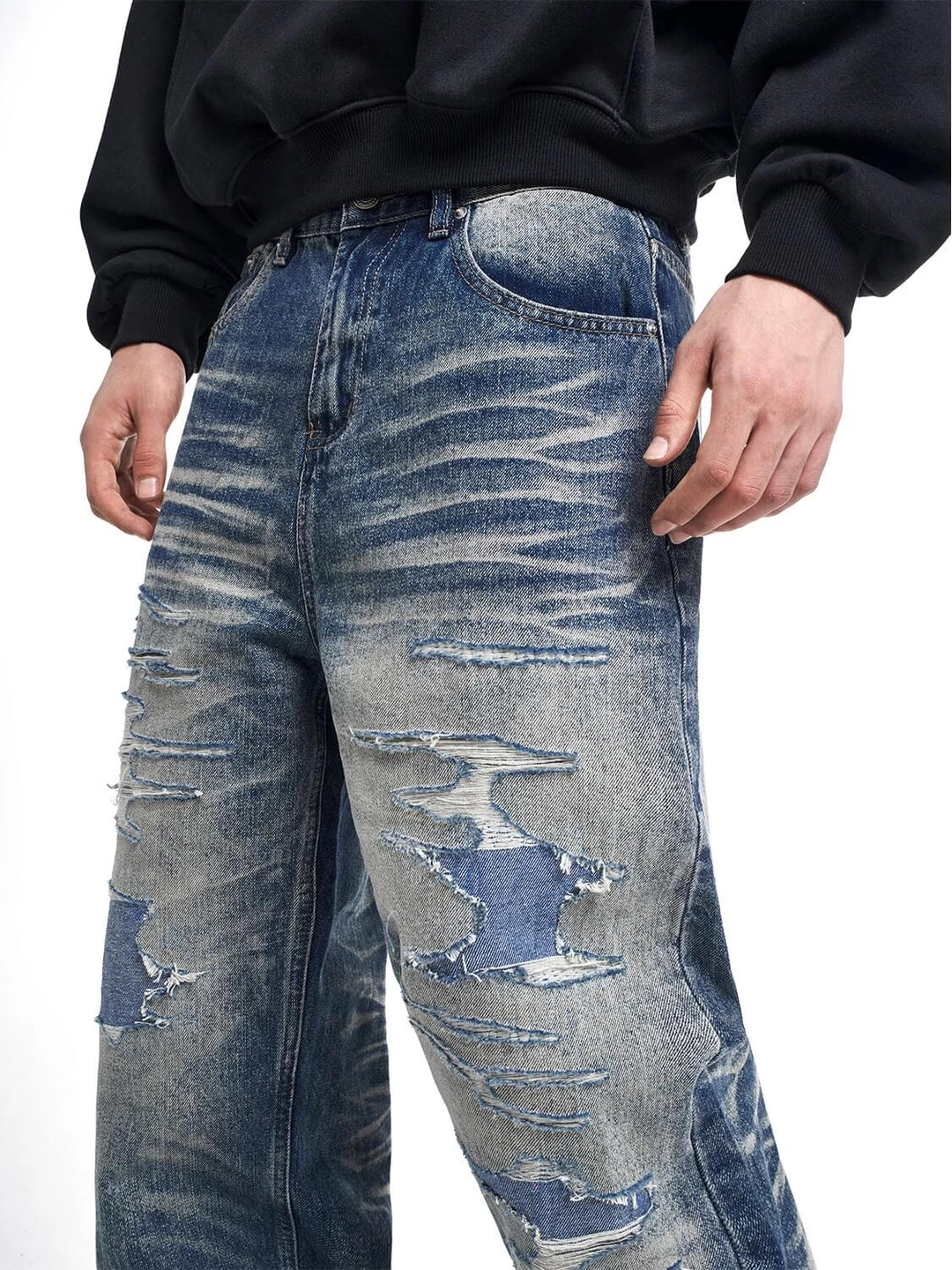 F3F Select Heavy Distressed Washed Patchwork Baggy Jeans | Face 3 Face