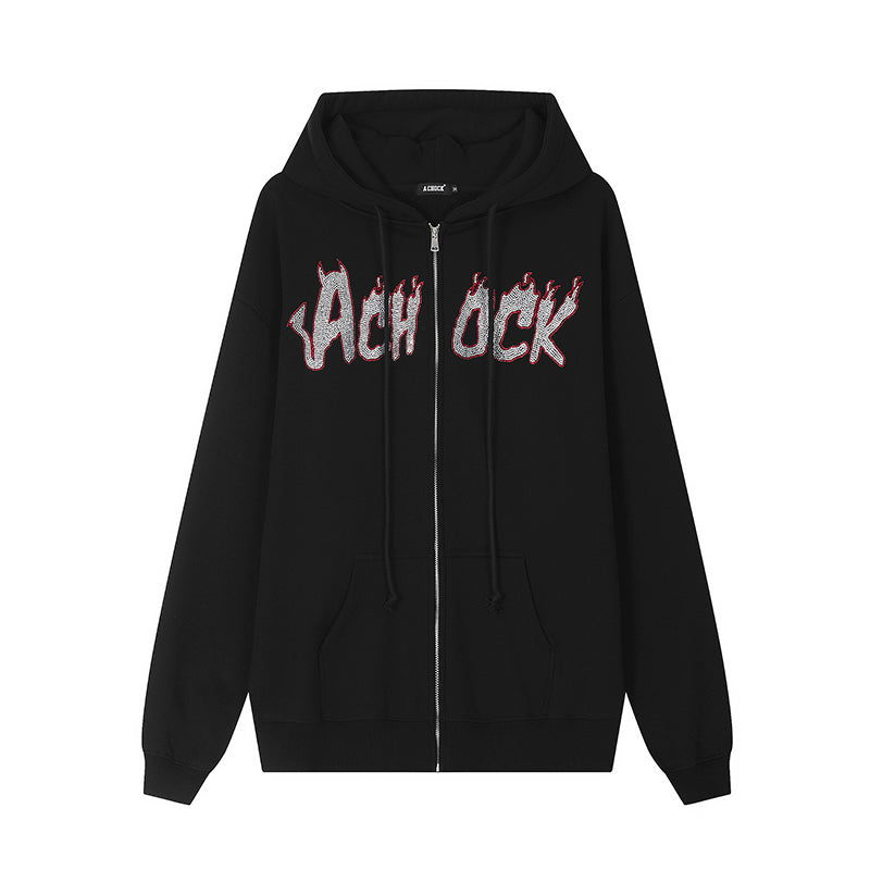 Achock Hot Rhinestone Fire Zipper Hoodie