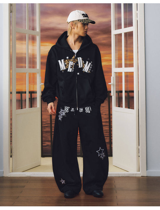MEDM Animal Print Star Patch Rhinestone Curved Baggy Sweatpants | Face 3 Face