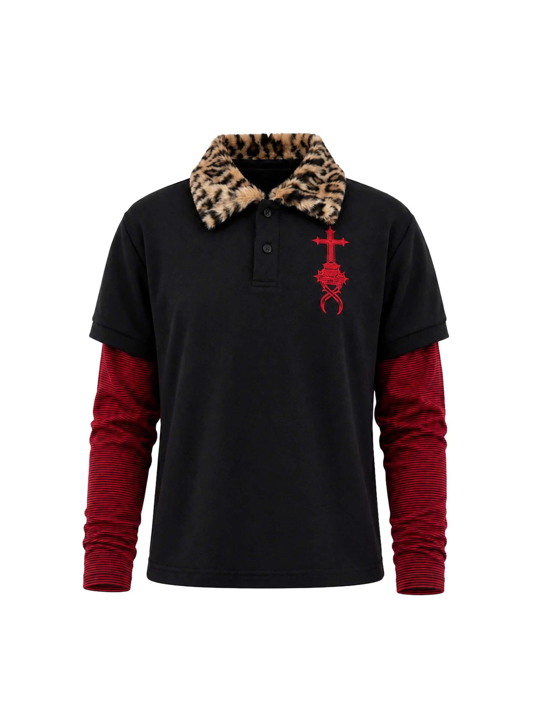 KARMANISTIC Leopard Faux Fur Collar Long Sleeve Polo | Face 3 Face