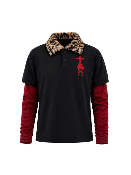 KARMANISTIC Leopard Faux Fur Collar Long Sleeve Polo | Face 3 Face
