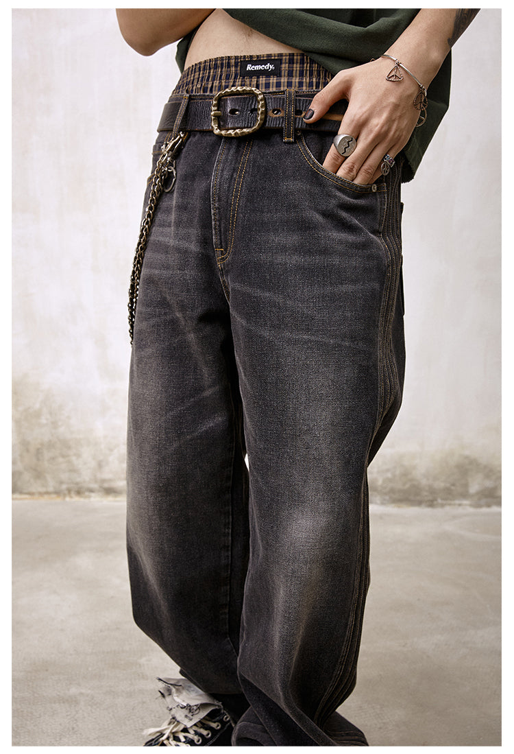 Remedy Double Layer Back Pocket Side Stitch Washed Jeans | Face 3 Face