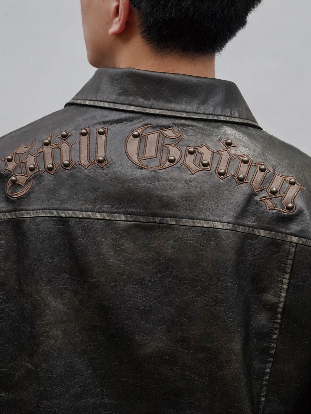 1807 Embroidery Patch Studs Leather Jacket  | Face 3 Face